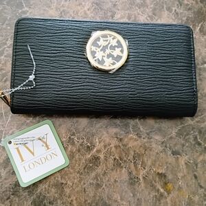 NWT Ivy London Black Faux Leather Zip Around Wallet Clutch!
